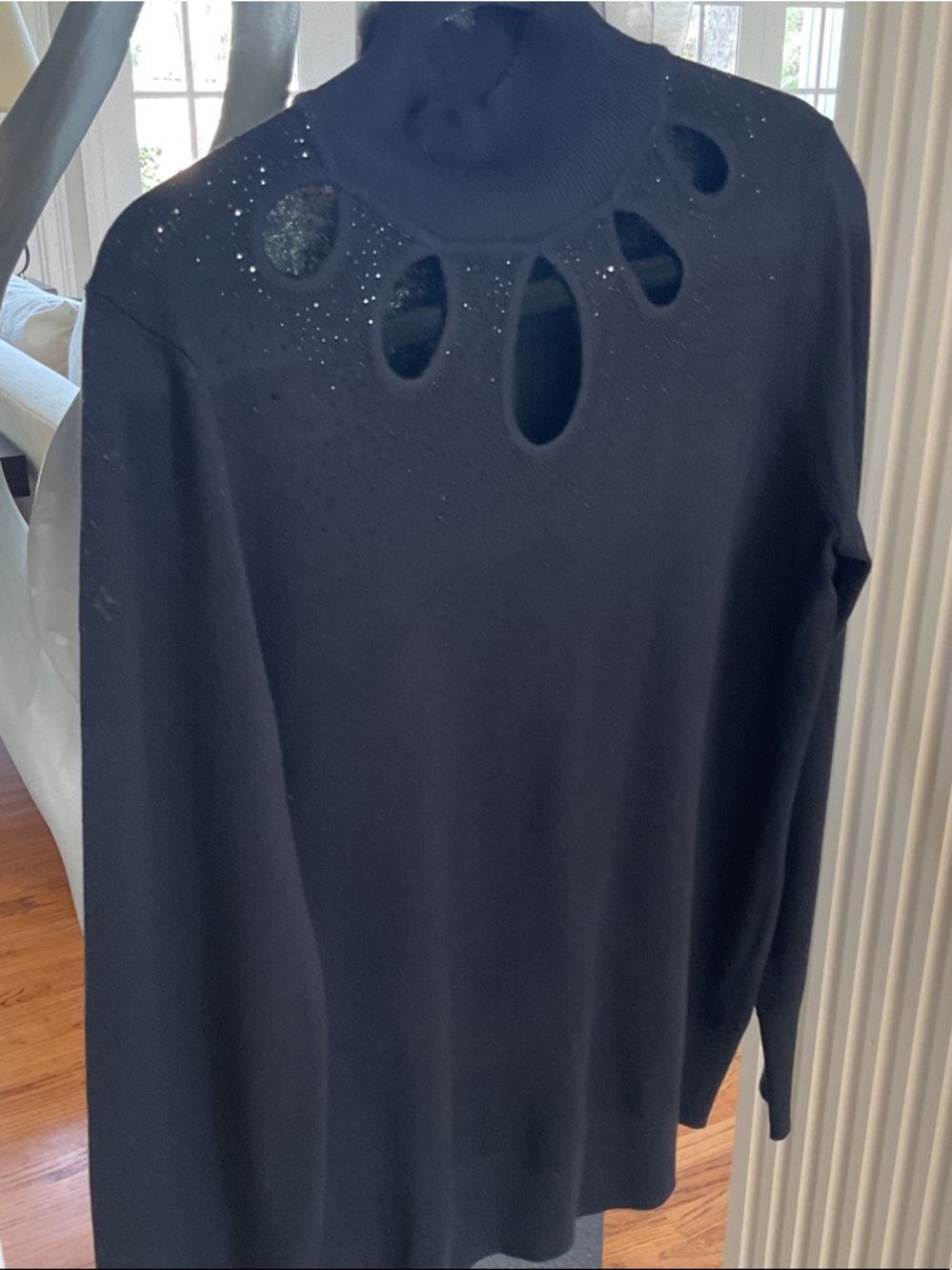 Cable & Gauge Black Cutout Crewneck Sweater with Rhinestone Detail